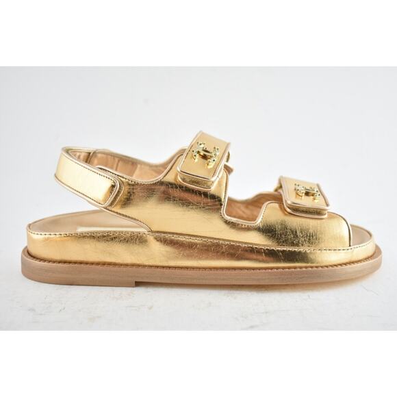 Chanel 22C Golden Gold Laminated CC Logo Mule Slide Strap Flat Dad Sandal 36 - Picture 1 of 12
